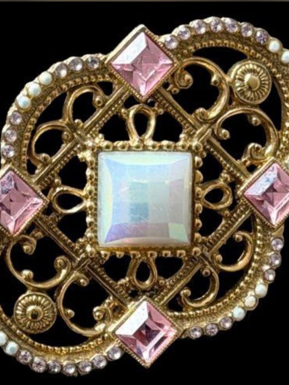 1928 Gold Tone Opalescent Pink Crystal Brooch Seed Pearl Accents